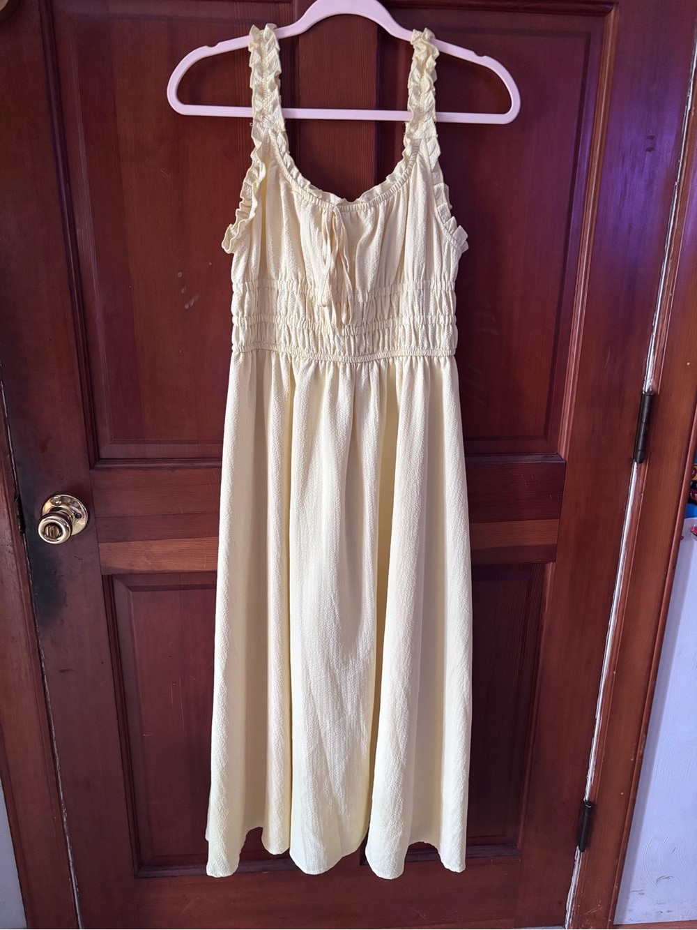 Yellow Smocked Midi Dress with Ruffle Braided Straps